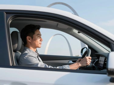 Clean, modern vehicle interior, professional driver in neat attire, Gateway Arch visible through window, crisp morning light, cool blue and white tones, sharp focus, editorial depth of field