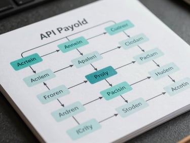 A clean, highly organized vector node diagram showing API payload structures and data routing paths with cyan highlights.