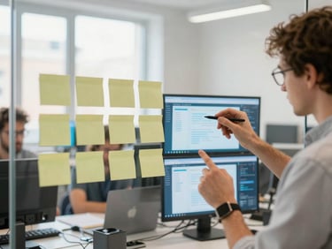 Candid editorial photography of researchers analyzing digital interfaces in a sunlit Marseille workshop space, physical sticky notes on glass, 50mm lens