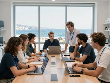 Bright modern Marseille lab overlooking the sea, natural daylight, educators collaborating around a central wooden table, 50mm lens.