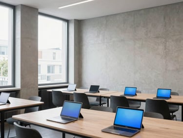 Architectural interior of the Paris LearningLab, minimalist concrete walls, large windows with natural daylight, collaborative tables with tablets, 50mm lens.