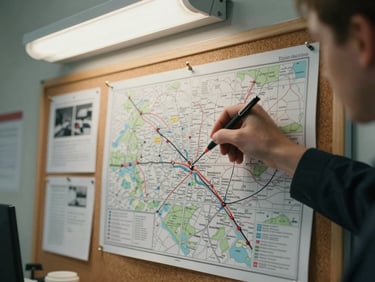 Close-up of a hand-annotated route map pinned to a corkboard in a dispatch office, fluorescent overhead light, printed delivery windows visible, a coffee cup at the edge of frame, operational detail foregrounded