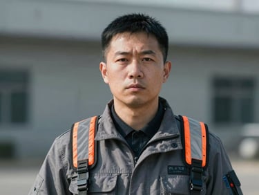 Professional portrait of a male operations director in field gear, looking determined, cool desaturated tones, sharp focus.