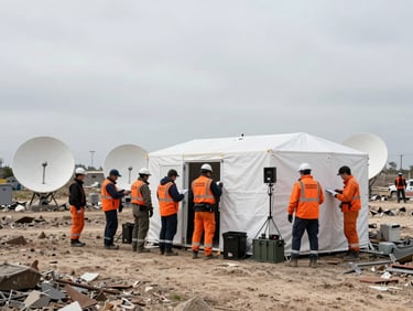 Field team setting up a temporary command post in a disaster zone, personnel in field gear, satellite dishes, and communication equipment visible, natural overcast daylight, high-contrast, cool desaturated tones, sharp focus, 35mm lens.