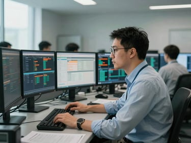 Professional portrait of a male planning analyst in a command center, analyzing data on multiple monitors, cool desaturated tones, sharp focus.