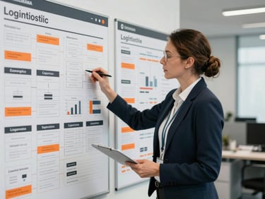 Professional portrait of a female logistics lead in an office setting, reviewing tactical planning boards, cool desaturated tones, sharp focus.