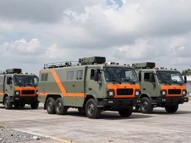 Fleet of tactical logistics vehicles in a staged deployment area under overcast daylight, high-contrast, cool desaturated tones with safety orange markings, sharp focus, 35mm lens.