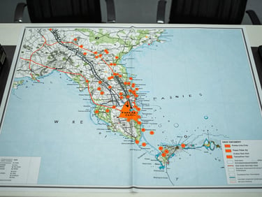 Overhead shot of a detailed tactical planning map centered on the Gulf Coast, with Panama City highlighted, crisp cool-toned office interior lighting.