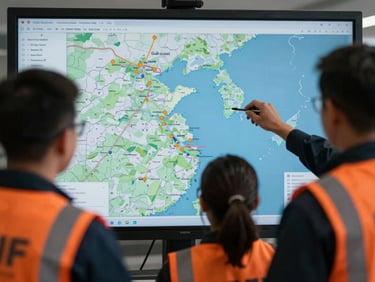 Medium shot of personnel reviewing a large digital map displaying real-time asset tracking across the Gulf Coast, high-contrast directional sunlight.