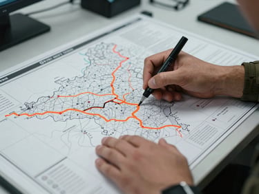 Close-up of hands on a tactical planning board with maps and markers, focused on a specific region, cool-toned office interior lighting, high-contrast, sharp focus, 35mm lens.