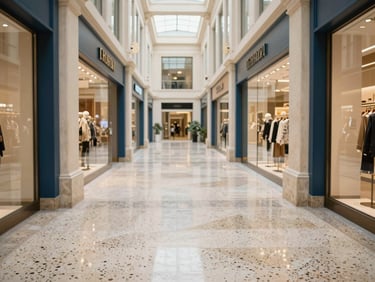 Warm editorial photography of a wide, bright luxury shopping gallery, spotless polished terrazzo floors, soft natural light, 35mm