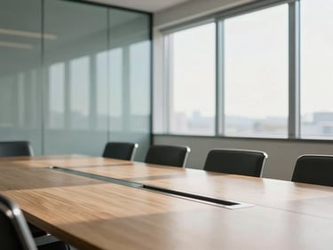 Warm editorial photography of a modern glass-walled conference room, immaculate wooden table reflecting soft daylight, clean composition, 35mm