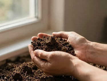 Intimate view of dark, fertile mountain soil cradled gently in weathered hands, soft side-lit window light, 35mm