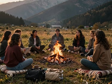 An outdoor circle of people sitting on woven textiles around a small, quiet campfire in a mountain meadow at golden hour