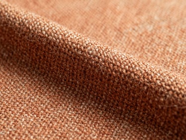Close-up of textured woven wool fabric in warm terracotta and sandy cream tones, showing detailed hand-spun threads
