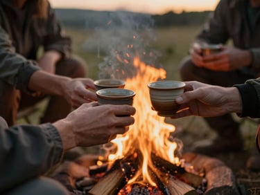 A rustic outdoor gathering around a small, smoking campfire at dusk, soft golden glow, focus on hands sharing a ceramic cup