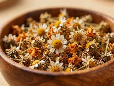 A warm, sunlit close-up of dried chamomile and orange blossoms resting in a hand-carved wooden bowl, soft focus, earth tones
