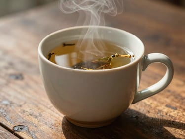 Intimate close-up of a steaming ceramic mug of botanical tea on a weathered wooden table, soft morning light
