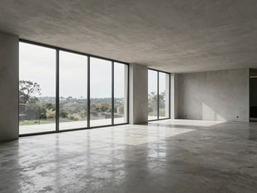 Wide angle shot of a minimalist luxury residential interior with pristine concrete floors reflecting soft natural light from floor-to-ceiling windows