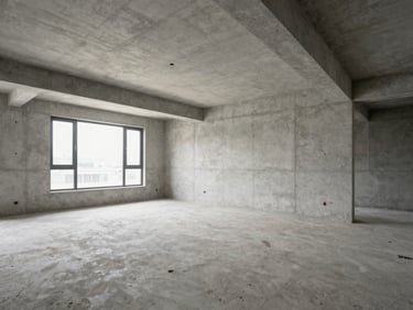 Wide-angle shot of an empty luxury residential interior under construction, pristine concrete walls, soft diffused daylight.