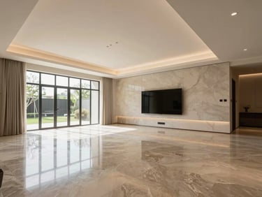 Wide heroic shot of a finished luxury home interior, polished limestone floors reflecting clean natural light, minimalist architecture.