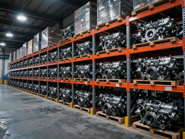 Wide environmental shot of massive warehouse racks filled with heavy-duty refurbished OEM engines, dramatic overhead industrial lighting, cool metallic tones with safety orange accents, sharp focus, 35mm.