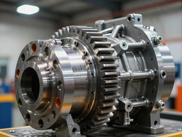 Close-up macro shot of a clean, refurbished heavy-duty truck transmission gear assembly, cool metallic steel tones, sharp focus on mechanical teeth, safety orange accent lighting.