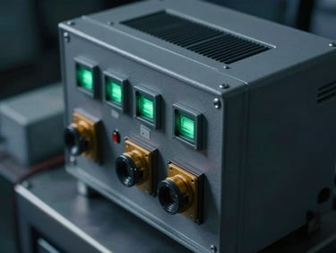 Close-up of industrial processor unit inside a ruggedized enclosure, cool slate tones, sharp green status-indicator highlights, dramatic low-key lighting.