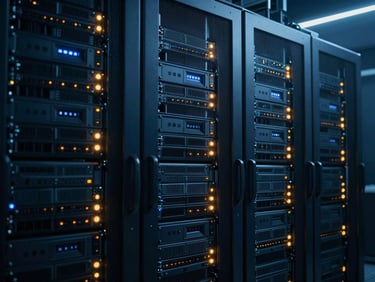 High-security server room with cool blue operational lighting, rows of secure server racks, sharp amber indicator lights, cinematic technical photography.