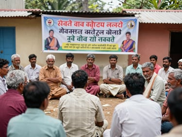 A community gathering in an Andhra Pradesh village, an informational banner visible, local citizens listening attentively, natural daylight