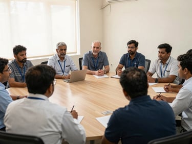 A structured coordination meeting between local volunteers and community leaders in a bright, professional room, natural daylight