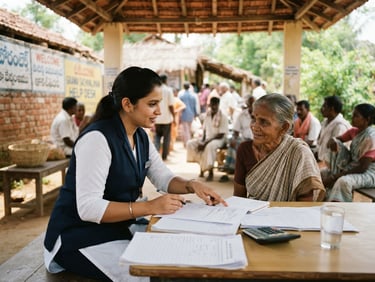 A structured community helpdesk in Andhra Pradesh, bright natural Indian daylight, a coordinator in a smart navy vest guiding a local citizen, 35mm lens.