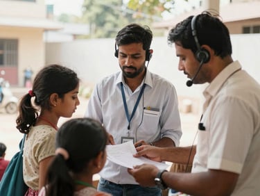 A clean Indian helpdesk environment with a volunteer assisting a family, bright natural daylight, candid 35mm photography