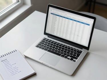 Close overhead shot of a clean desk with an open laptop showing a spreadsheet with creator analytics data, a notepad with handwritten evaluation criteria, cool natural window light from the left, minimal and precise