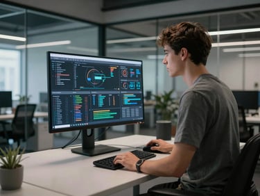 A young man at a standing desk reviewing a multi-panel dashboard on a large monitor, cool studio lighting, modern open-plan office with glass partitions in background, focused and calm, technical workflow