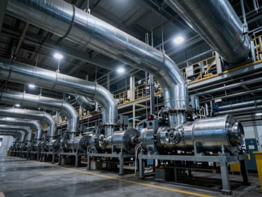 Heavy industrial automotive assembly line plant with massive overhead ventilation ducting, cool steel tones.