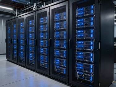 Modern high-density data center facility with blue LED lighting on cooling racks, technical precision.