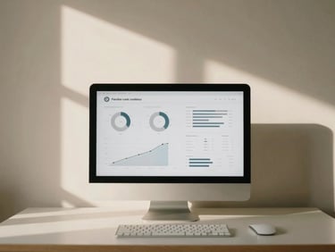 A stark minimalist workspace setup with a clean physical screen displaying elegant analytics, soft directional window light casting long shadows on a warm cream wall, 35mm film grain.