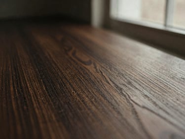 Macro shot of dark stained oak wood grain, warm directional window light, minimalist composition, 35mm film grain.