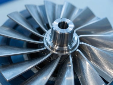 Macro detail shot of high-tolerance steel turbine blades, cool daylight, high-contrast steel and blue tones, technical precision, sharp focus, 35mm