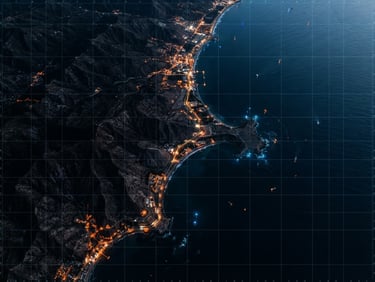 Ultra-wide satellite view of a coastal border region at night, dark high-contrast topography with sparse orange city lights, cool blue ocean, tactical overlay grid lines, 35mm