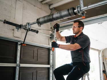 Crisp industrial photography of a technician adjusting a massive steel torsion spring on a residential garage door, bright natural daylight, high contrast charcoal and orange tones