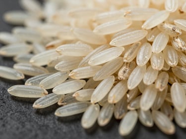 Macro shot of uncooked Basmati rice grains showing extreme length and slender, uniform shape on a dark background