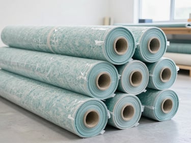 Neatly rolled clean wool carpets wrapped in protective eco-friendly film, stacked in a bright, modern, well-lit workshop.