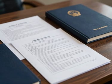 Close-up of official legal documents and municipal budget reports on a dark wooden desk, soft natural light, professional editorial style, deep navy tones