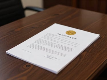 Close-up of a signed official municipal budget document with a gold seal, resting on a dark wooden table in a formal office setting, soft natural light