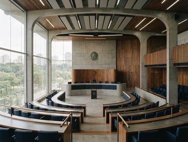editorial photography, soft natural office light, deep navy and warm wood tones, high-end civic architecture, 35mm. Wide architectural shot of a modern Brazilian municipal chamber, concrete and warm wood paneling, soft daylight streaming through high windows, clean lines, no people.