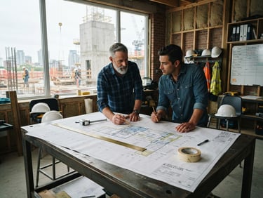 Wide environmental shot of a modern construction office, large scale architectural blueprints laid out on a steel table, natural daylight casting soft shadows, professional and precise.