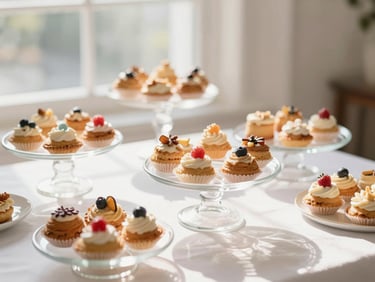 A beautifully styled dessert table with glass cake stands holding assorted pastries, lit by warm natural sunlight.
