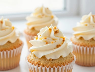 Tight macro shot of freshly baked cupcakes with golden crumbs and whipped vanilla frosting, soft morning light.
